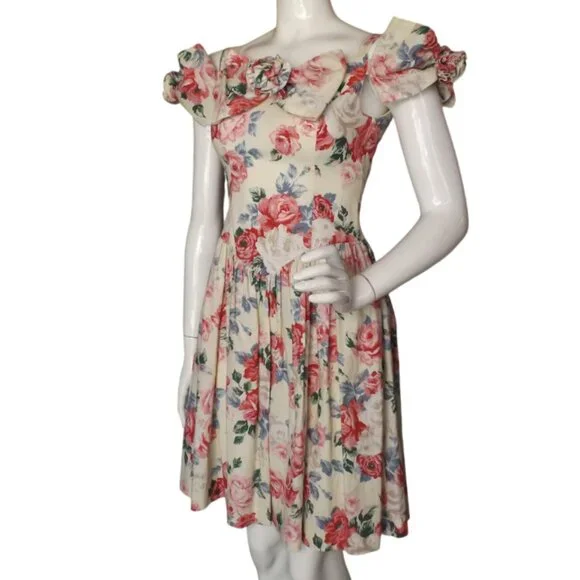 JESSICA MCCLINTOCK/GUNNE SAX Dress, XS, Pink/red floral, Open Shoulder/Bows - Picture 4 of 11